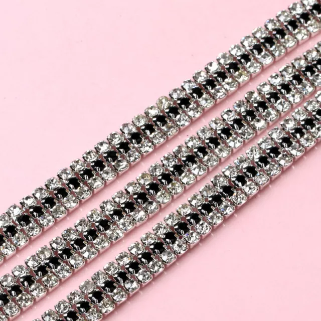 1 Yard 3 Rows Clear and Black Crystal Rhinestone Close Trim Chain Sewing Craft