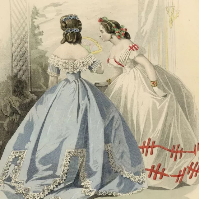 Les Modes Parisiennes Ball Dress Fan Engraving Watercolor Original 19th Century