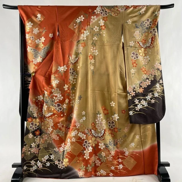 Woman Japanese Kimono Furisode Silk Butterfly CherryBlossom Gold Vermilion 170cm