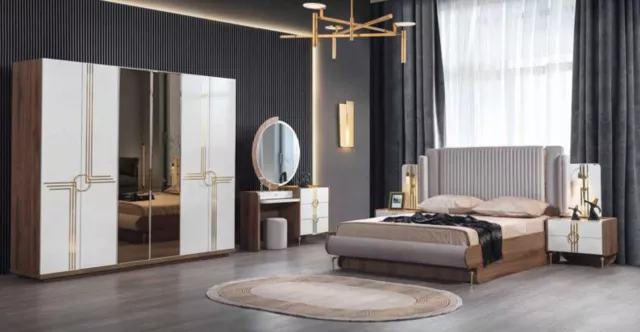 Complète Chambre Luxe Meuble Lit Armoire Commode Table de Chevet Bois 5tlg