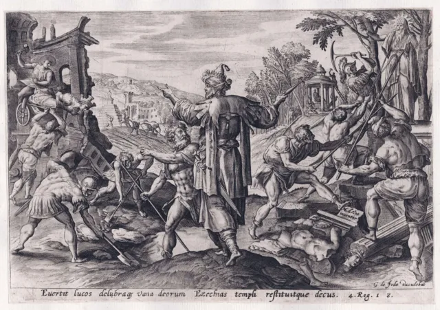 M. Vos / Jode - Hezekiah destroys idols Bibel Bible Kupferstich engraving 1580