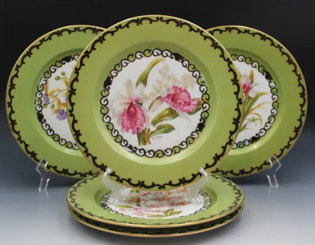 Antique French Limoges Porcelain 5 Plates Hand Painted Floral Artist Signed