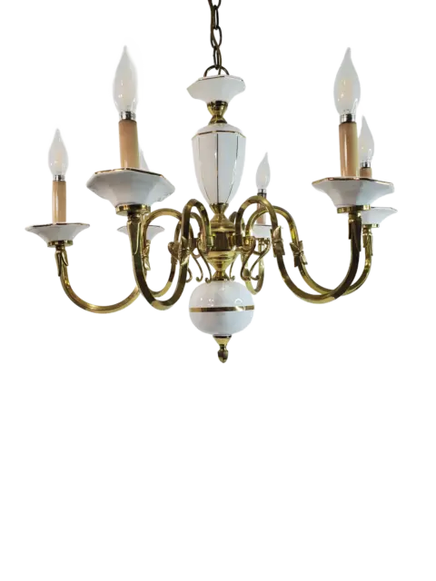 Vintage Mid Century Italian White and Gold Hollywood Regency Style 6 light Chand