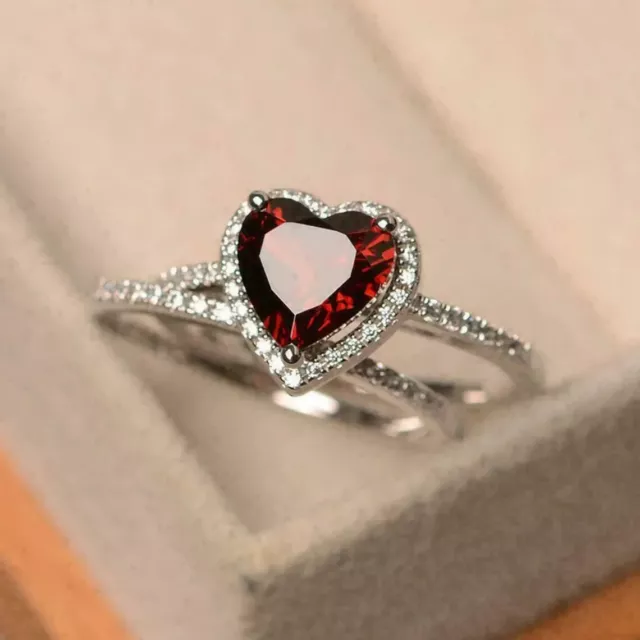 Bridal Wedding Ring 14K White Gold Finish 2Ct Heart Lab-Created Garnet Diamond