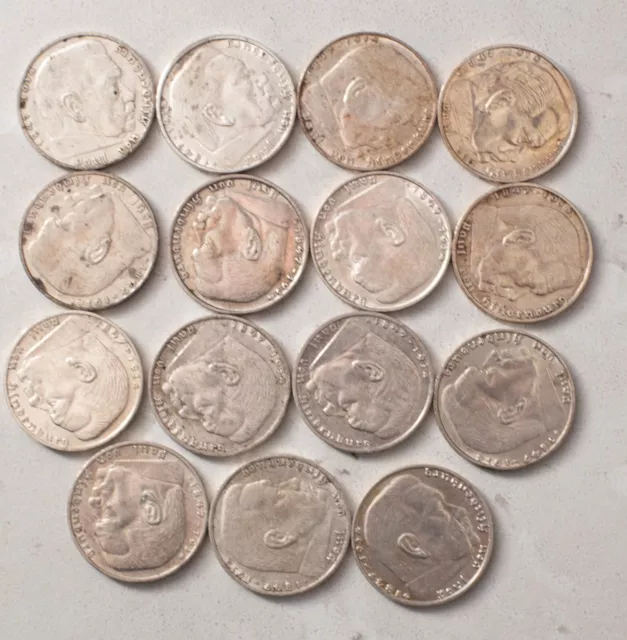 15x 2 RM Reichsmark Hindenburg mit HK Silbermünzen