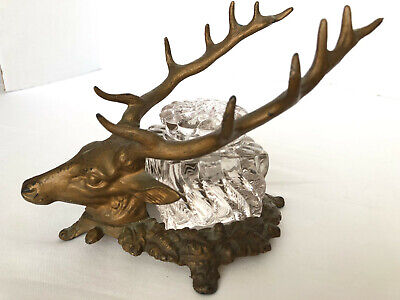 Antique CAST IRON STAG HEAD GLASS INKWELL AND PEN HOLDER with BRONZE COLOR PAINT