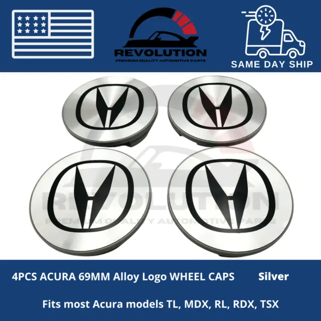 4PCS Acura 69MM Argento & Nero Ruota Centrale Hub Caps Emblema Distintivo Logo
