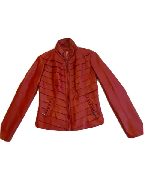 Neiman Marcus Women's Red Leather Layer Fitted Biker Jacket Full Zip Size: Small