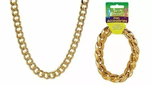 Gold Gangster Bracelet & Necklace Set - Chunky Gold Pimp Fancy Dress Costume