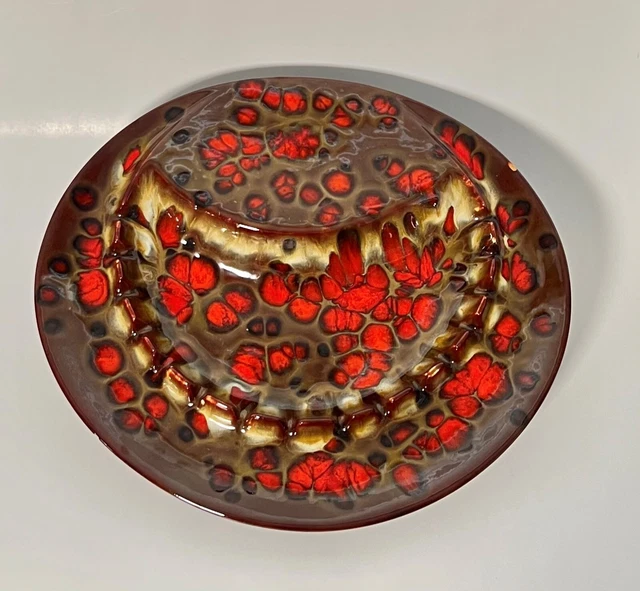 Vintage Mid Century Modern Ceramic Large Ash Tray Orange Brown Drip Glaze 14"
