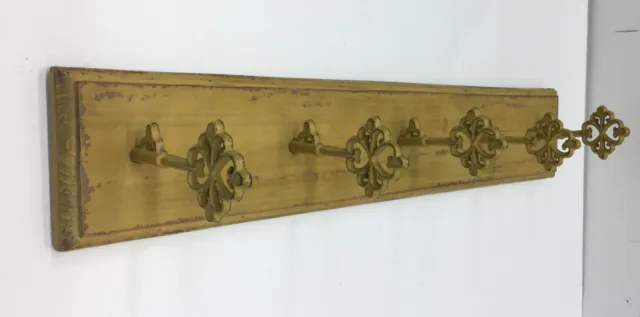 Antique Key Wall Coat Hanger 5 Hooks Yellow -Distresses Wood Look - 25.5 X 5 In