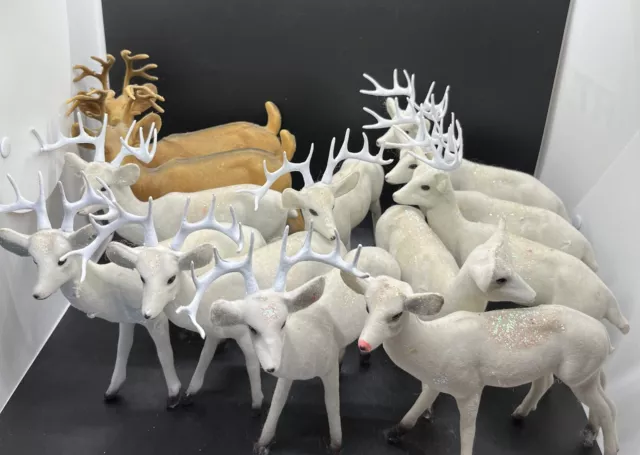 Lot Of Twelve Vintage Velvet Flocked Christmas Reindeer Deer Elk Buck Horns