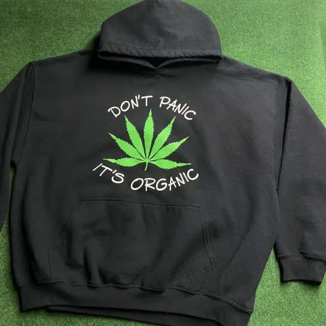 Vintage Weed Hoodie Mens XXL Black Pot Marijuana Don’t Panic Organic Sweatshirt