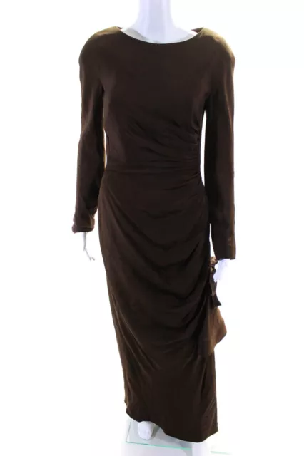 Arnold Scaasi Women's Silk Long Sleeve Gathered Bow Slit Gown Brown Size 6