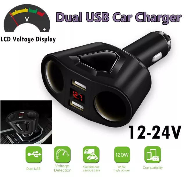 LCD Car Dual USB Charger Cigarette Lighter Socket Splitter 12-24V Power Adapter