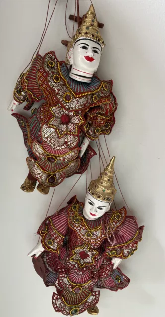 VTG Pair of Thai Burmese Siamese Wooden Marionette String Puppet 15” H BEAUTIFUL