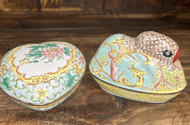 Chinese Duck Canton Enamel On Copper Trinket Box & Heat Shaped Box Trinket Dish