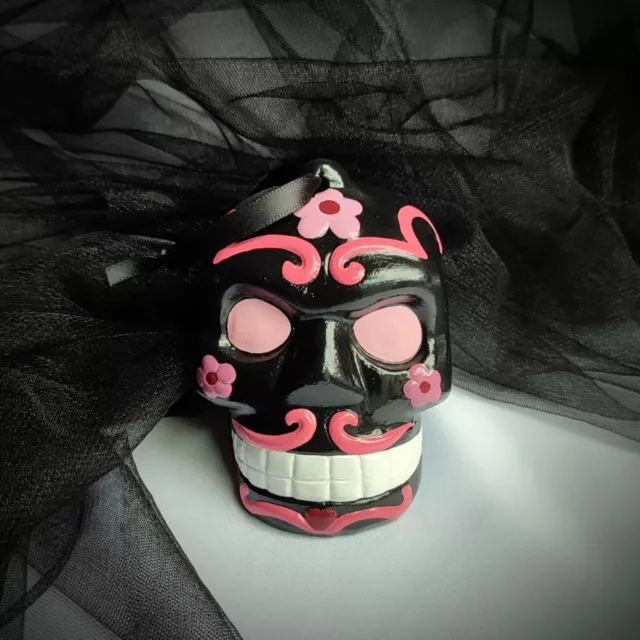 Gothic Day of the Dead Hanging Sugar Skull Ornament Pink and Black, Hand Painted