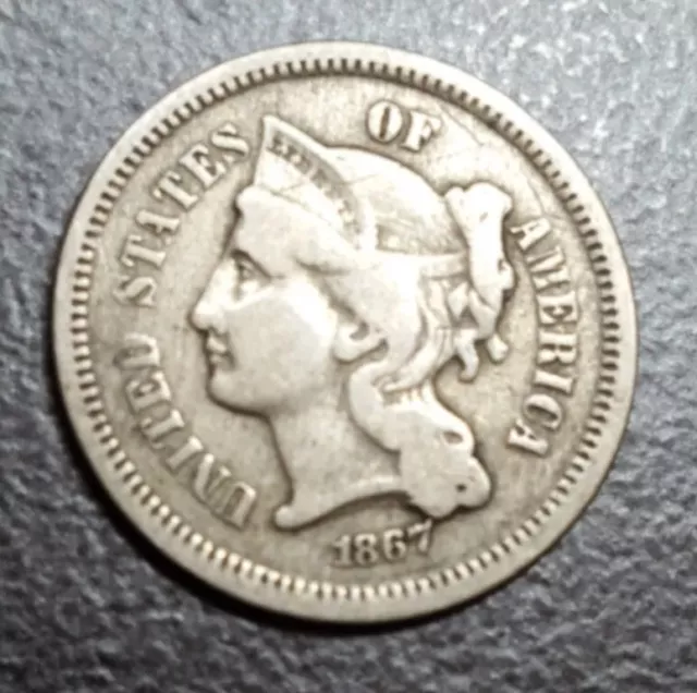 1867 US 3c NICKEL 156 YEARS OLD THREE CENTS COIN REVERSE ERROR CLASH VARIETY