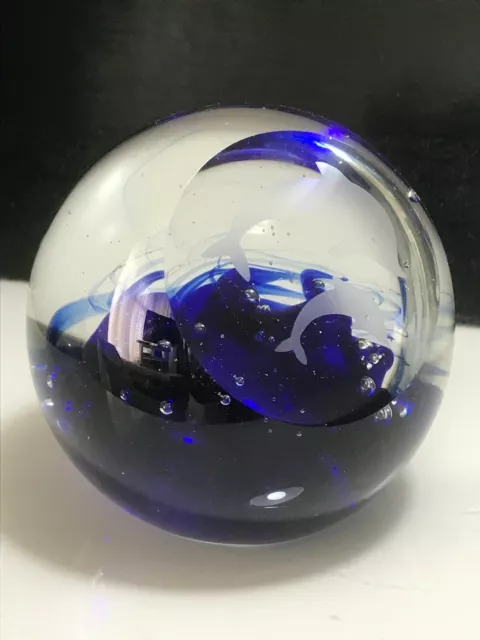 Caithness Style Blue Ocean Swirl With Dolphin Etched Facet Art Glass Paperweight