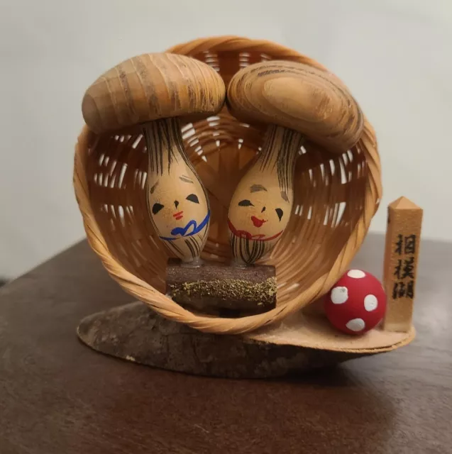 Vintage Japanese KOKESHI Doll Mushrooms Kinoko on Geta Shoe Folk Art  3"X5"