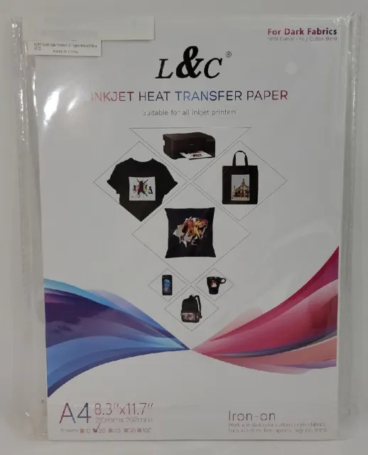 L&C Heat Transfer Paper For Dark Fabrics A4 Compatible Inkjet Printers 20 Sheets