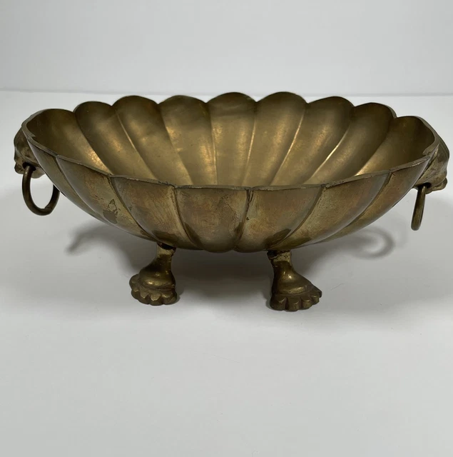 VTG Heavy Solid Brass Footed Dish Lion Head  Handles Scalloped Edge Claw Feet