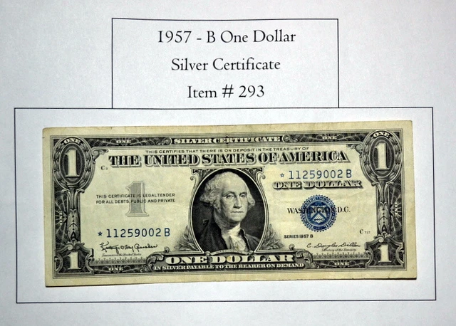 1957 B One Dollar Silver Certificate, # 293, silver certificate, paper currency,