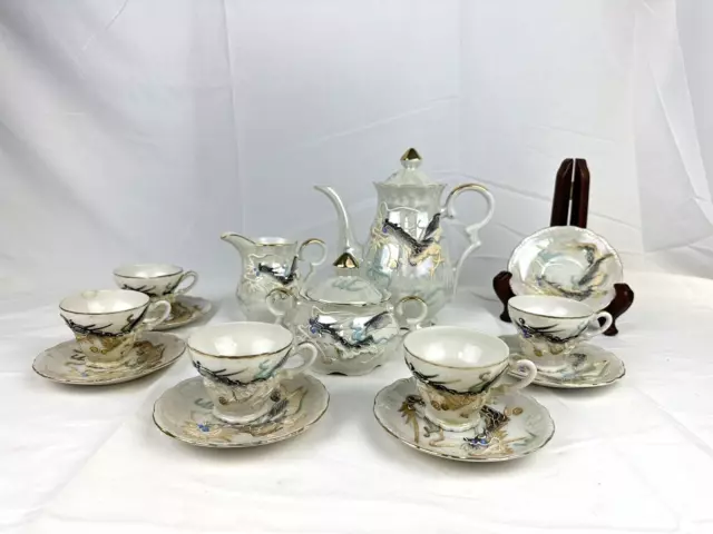 Vintage Moriage "White Dragon" Luster Finish 1950s Tea Set B13 2