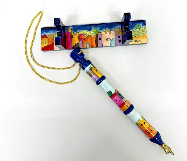 Vintage Yair Emanuel Wood Yad Torah Pointer w chain & Stand Colorful Jerusalem
