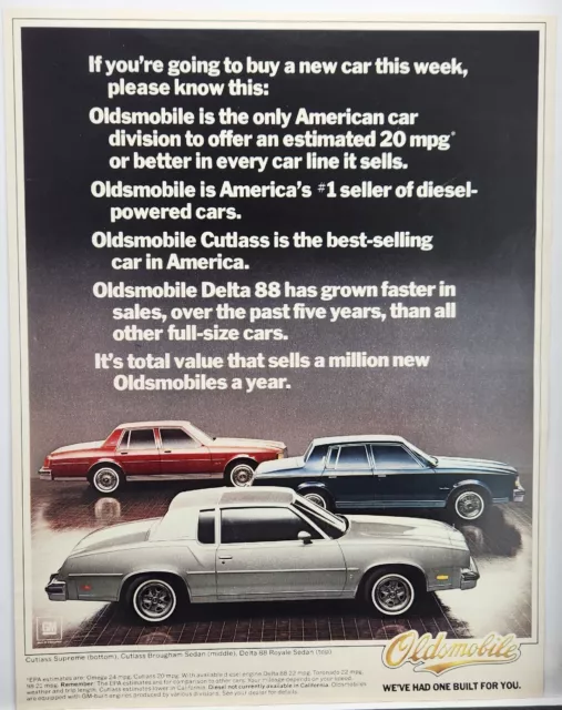 1980 Oldsmobile Cutlass Supreme Brougham Delta 88 Royale Vintage Print Ad