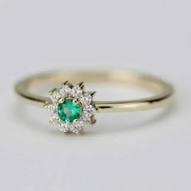 150Ct Round Cut Lab Created Green Emerald Engagement Ring 14K Yellow Gold Plated