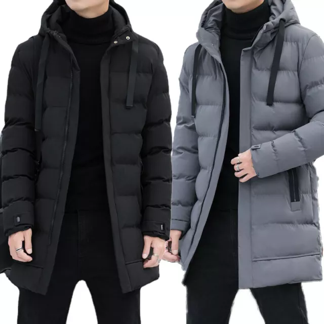 Men Warm Long Puffer Jacket Thicken Quilted Mid-length Hooded Coat Winter Casual