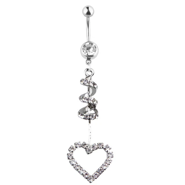 1PC 14G Heart Dangle with CZ Belly Button Ring Surgical Steel Navel Bar Barbells