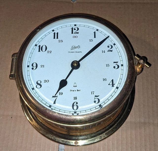 VINTAGE SCHATZ BRASS Ships Clock Ocean Quartz w/ Bell West Germany