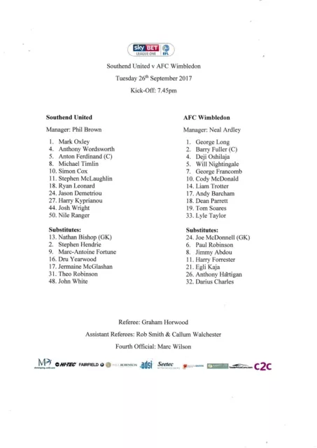 Teamsheet - Southend United v AFC Wimbledon 2017/18 (26 Sep)