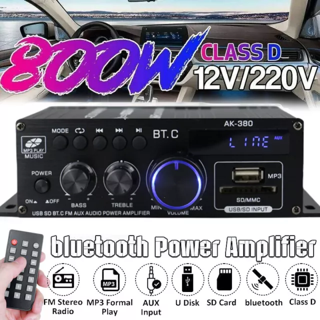 800W 12V Bluetooth Stereo Audio Amplifier Car Home HiFi Music Power Amplifier FM