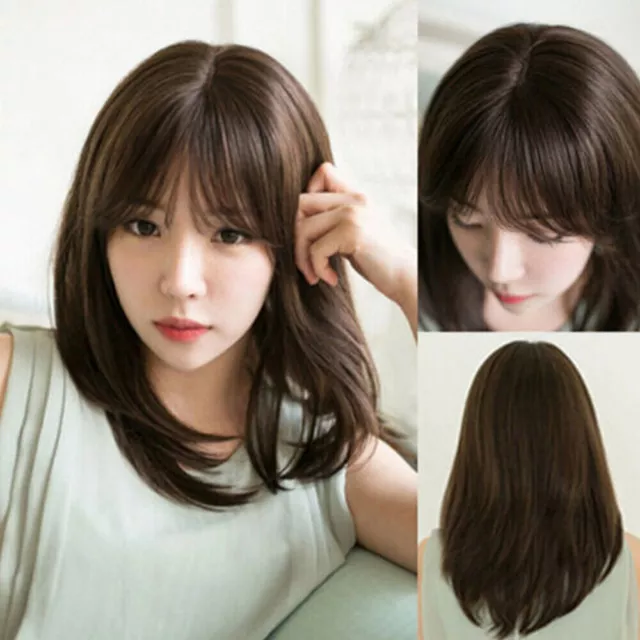 UK Womens Dark Brown Wig with Bangs Layered Hair Medium Long Straight Wigs
