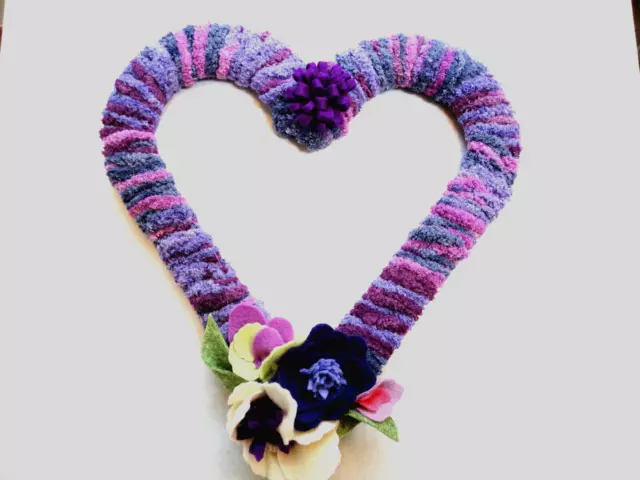 ValentineYarn Wrapped Heart Wreath with Felt Flowers, Purple ( Hand Made)