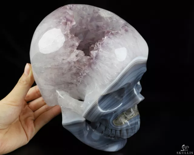 Super Realistic! Lifesized 7.0" Agate Amethyst Geode Hand Carved Crystal Skull