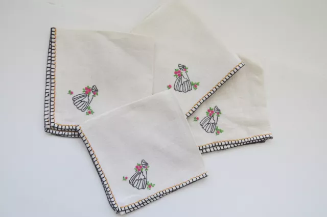 4 Vintage Hand Embroidered Southern Belle Linen Cocktail Luncheon Napkins Roses