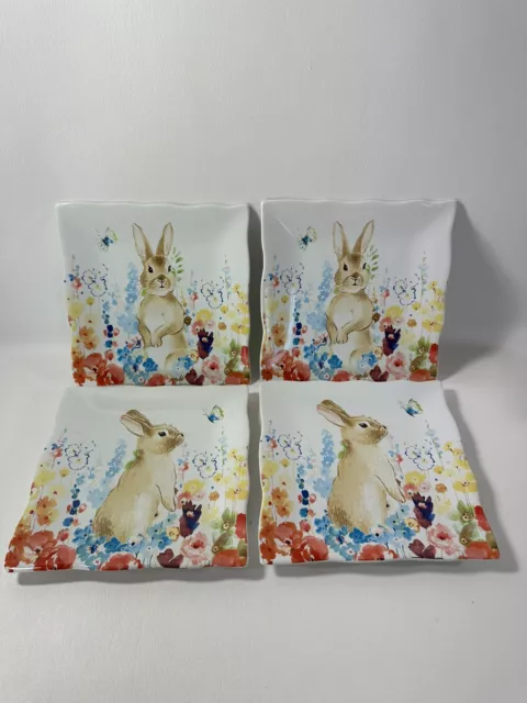 Set Of 4 222 Fifth Flowerfield Bunny 8 Inch Square Plate Scalloped Edge Floral