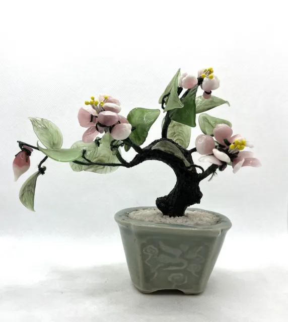 Vintage Chinese glass Bonsai tree Jade pink flowers in Asian ceramic celadon pot