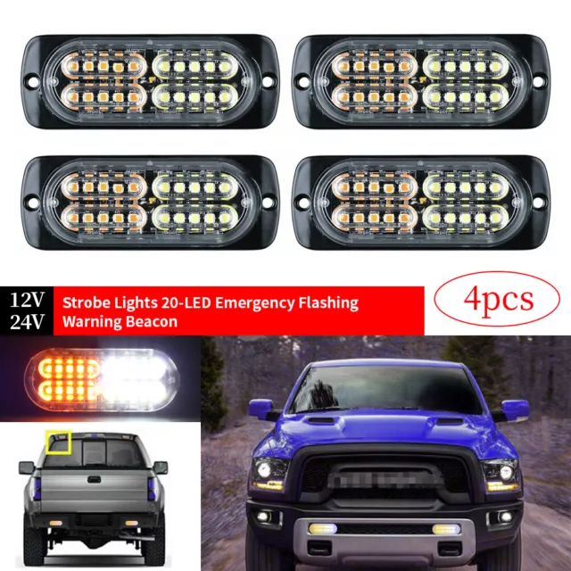 4x Car Truck 20LED Strobe Light Flash Emergency Hazard Warning White Yellow Lamp