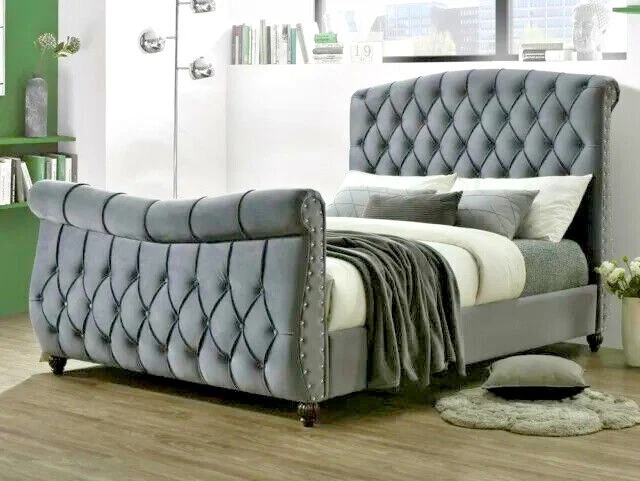 LUXURY SLEIGH BED Frame Plush Velvet Chesterfield Ottoman Storage ...