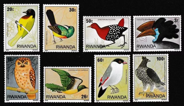 Ruanda Weaver Crake Hornbill Gufo Cuculo Waxbill Eagle Birds 8v 1980 nuovo nuovo di zecca
