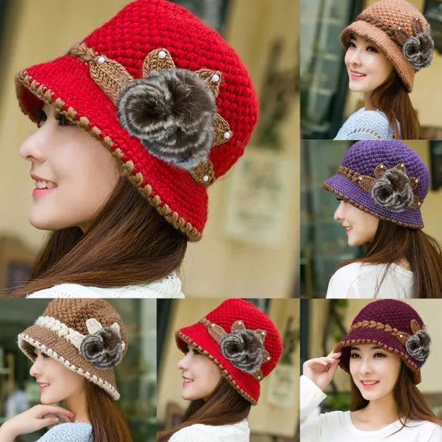 Fashion Women Lady Winter Warm Crochet Knitted Flowers Decorated Ears Hat