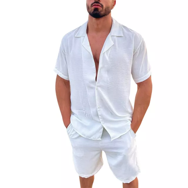 Men Solid White Summer 2 Piece Set Beach Short Sleeve Shirt Short Pants Set