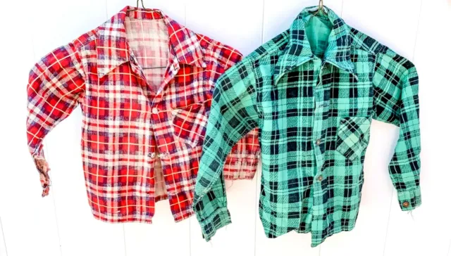 2 Vintage 1940s  Boys Shadow Plaid Flannel Shirts Red Green Worn S 28-32" Chest