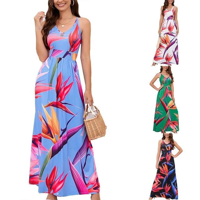 5% Spandex Femmes Robes de Plage sans Manches Fleurs Bohême Femmes Cou Robe